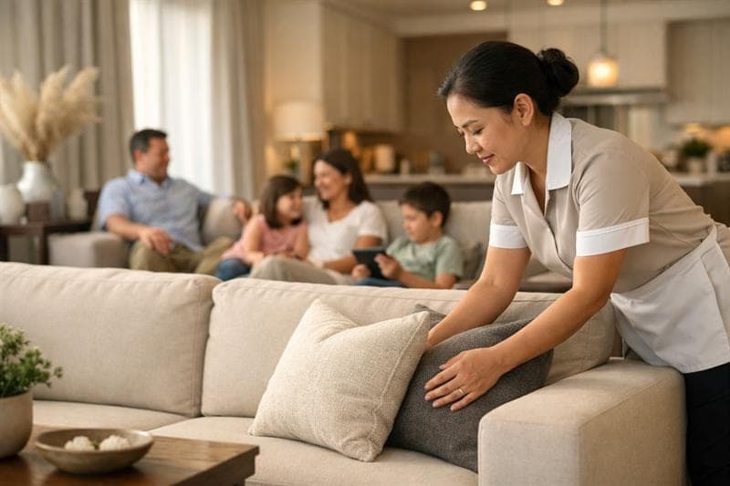 A MyBuddyMaid helper straightening the sofa cushions while the family sits together behind her