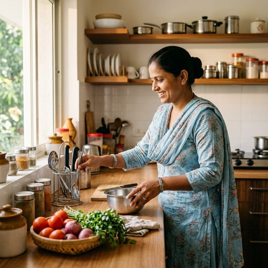A helper preparing vegetables at the counter of a home kitchen